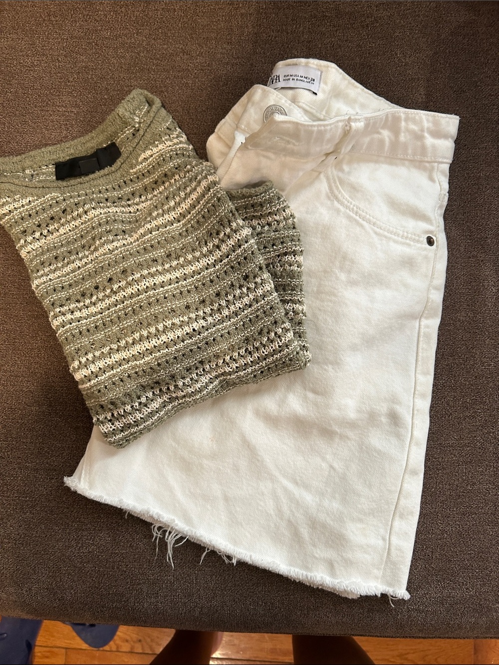 Zara White Denim Skirt with Olive Green Knit Top